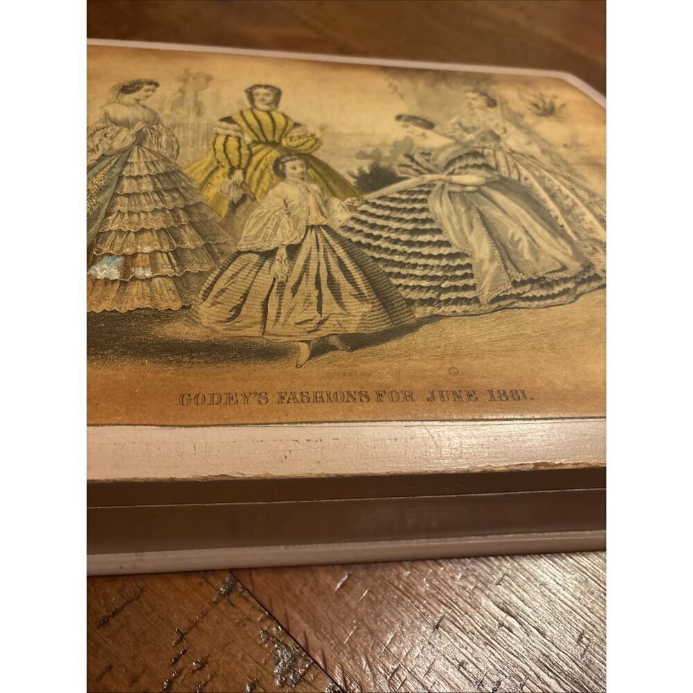 Vintage 1920’s Jewelry Box Wood Godey’s Fashion Label Opens To Vanity Mirror - Picture 6 of 11